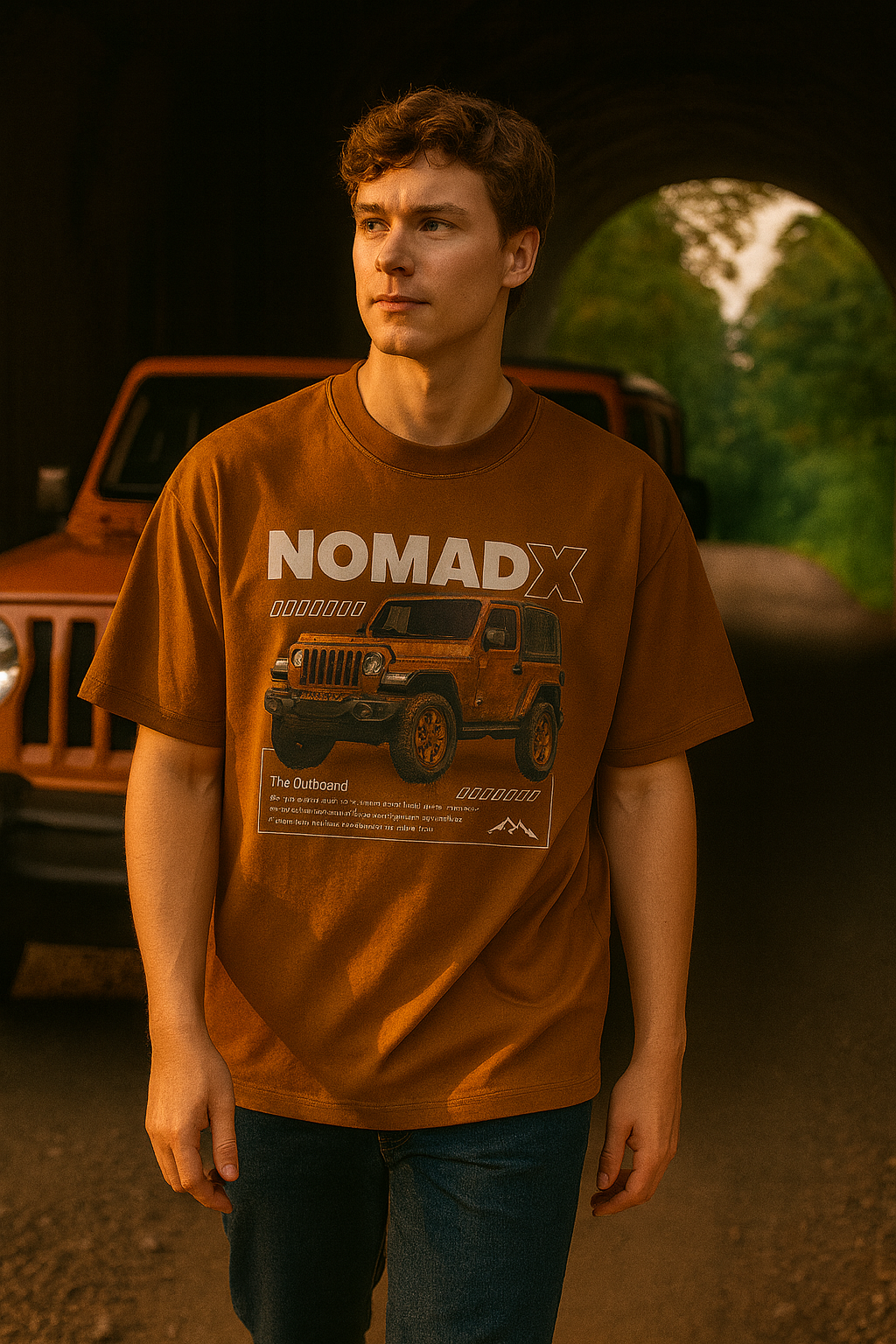 Oversized NomadX Jeep Graphic T-Shirt – 240 GSM French Terry - Brown